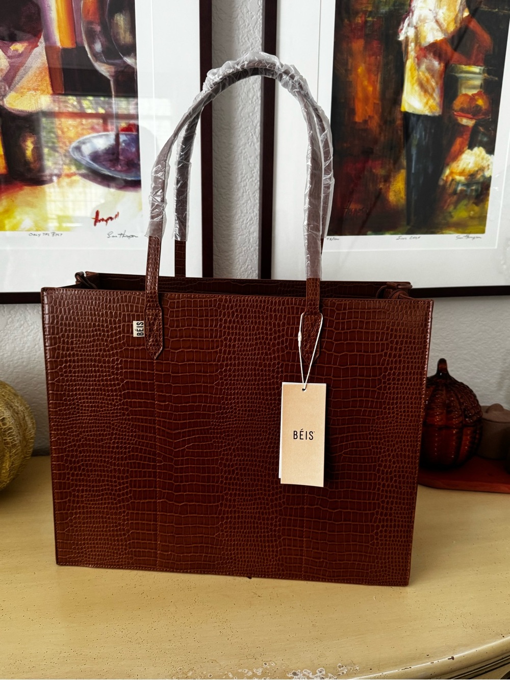 BEIS Brown Croc-Embossed Tote Bag